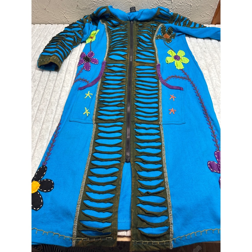 Nepal Boho Razor Cut Floral Patchwork Hooded Long Zip Jacket Turquoise Womens M